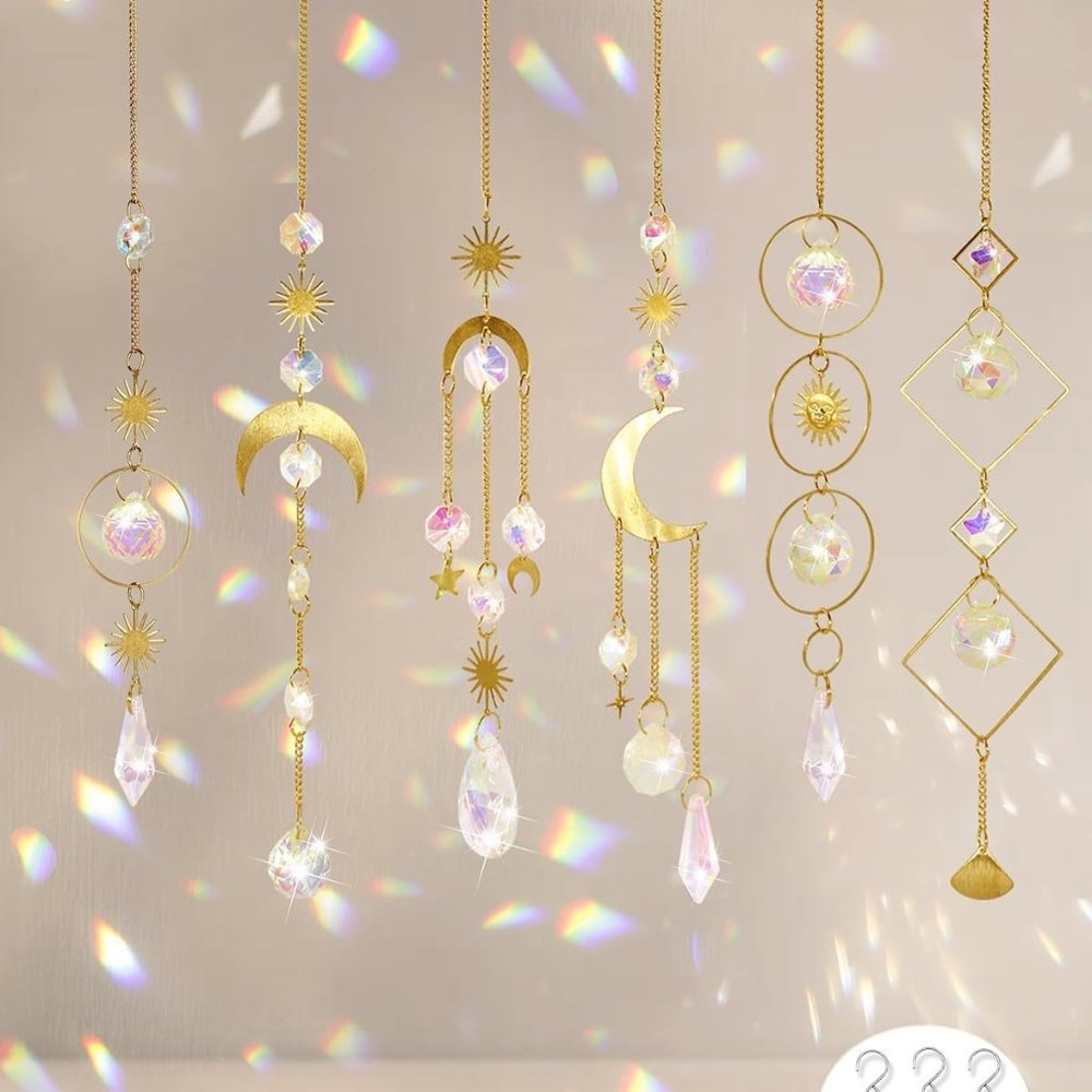 6PC SET Colorful Crystal Gold Suncatchers Chimes Window Rainbow Makers NEW Gift